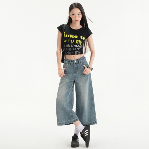 復古八分濶腿牛仔褲女小個子春季2025新款梨形遮胯寬松直筒8分褲