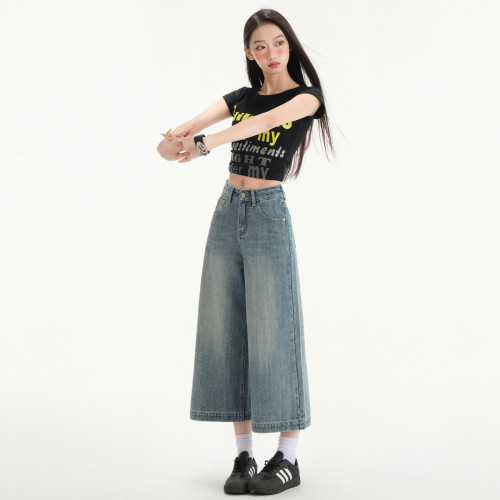 復古八分濶腿牛仔褲女小個子春季2025新款梨形遮胯寬松直筒8分褲