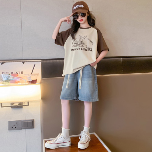 女童夏季短褲套裝2025新款韓範兒童褲子女大童夏裝薄款牛仔五分褲