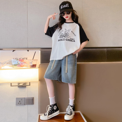 女童夏季短褲套裝2025新款韓範兒童褲子女大童夏裝薄款牛仔五分褲