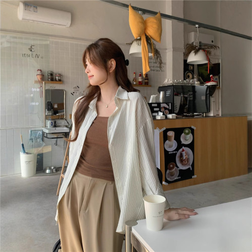 長袖襯衣設計感小衆上衣美式復古條紋襯衫女早春穿搭開衫外套寬松