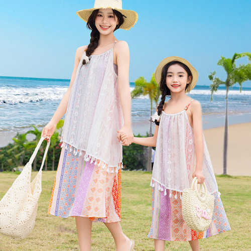 親子裝波西米亞夏季新款洋氣時髦度假風連衣裙母女吊帶裙