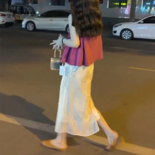 24271大愛美依緣2025新款韓系小個子減齡無袖上衣亮片半身裙女潮