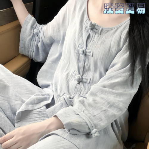 新中式國風高級感盤釦單層春秋季睡衣女新款慵懶感寬松可外穿家居