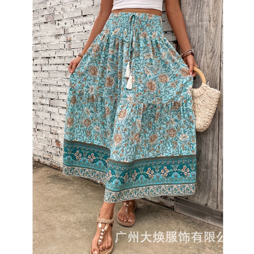 2024年女士時尚收腰簡約爆款碎花印花腰頭打攬系帶流蘇半身裙