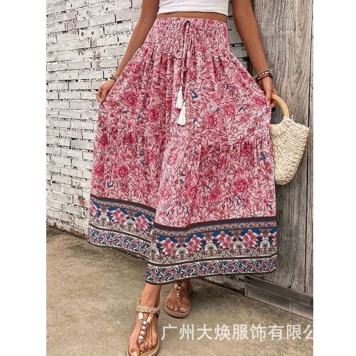 2024年女士時尚收腰簡約爆款碎花印花腰頭打攬系帶流蘇半身裙