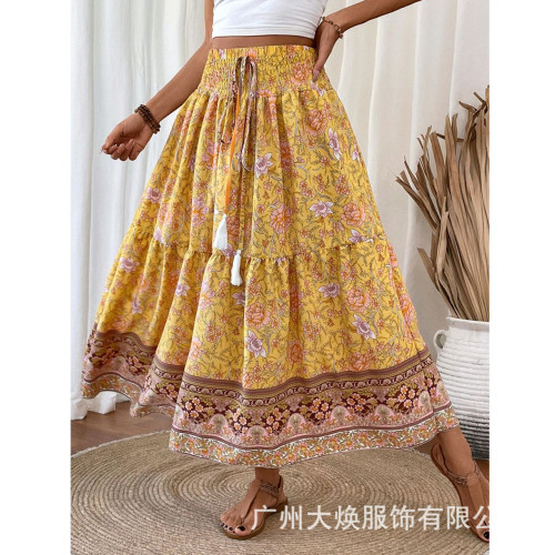 2024年女士時尚收腰簡約爆款碎花印花腰頭打攬系帶流蘇半身裙