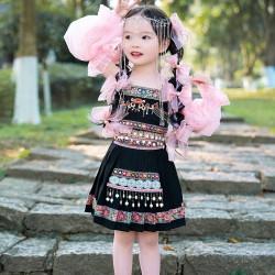 兒童裙子三月三少數民族服裝女童哈尼族套裝網紅爆款公主裙苗族