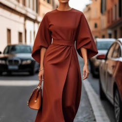 2025女裝歐美時尚氣質優雅純色收腰連衣裙休閒蝙蝠袖長裙