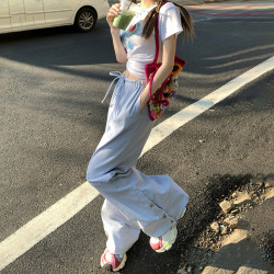 YC&2色復古低腰竪條紋濶腿褲垂感拖地褲薄款寬松慵懶抽繩休閒褲女