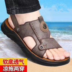 男士夏季透氣休閒真皮男鞋軟底軟面牛皮沙灘鞋戶外一鞋兩穿涼鞋
