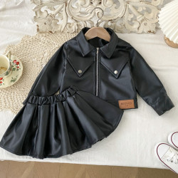 6681女童秋裝皮衣新款兒童洋氣韓版機車服短款外套百褶裙子兩件套