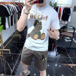 歐貨夏季男套裝個性輕奢小熊短褲短袖潮流時尚休閒寬松運動兩件套