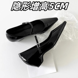 秒髮~內增高5CM法式氣質一字釦帶粗跟瑪麗珍鞋通勤尖頭單鞋