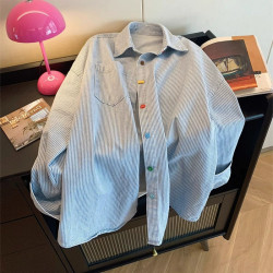 復古簡約撞色牛仔條紋寬松百搭領襯衫女春季長袖上衣