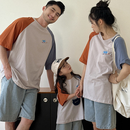ins高街一家三四口美式拼接親子裝百搭純棉短袖母子母女裝寬松T恤