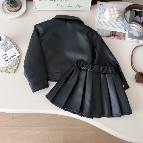 女童秋季pu皮套裝小女孩韓版時髦機車服兒童皮衣外套百褶裙兩件套
