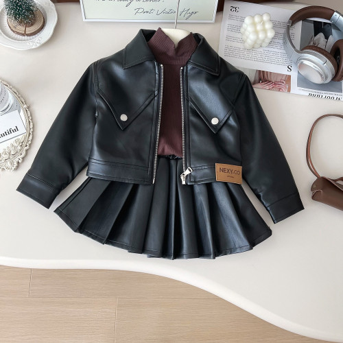 女童秋季pu皮套裝小女孩韓版時髦機車服兒童皮衣外套百褶裙兩件套