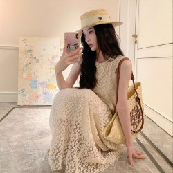 2025新款寬松重工蕾絲拼接無袖連衣裙女夏季設計感小衆休閒長裙潮