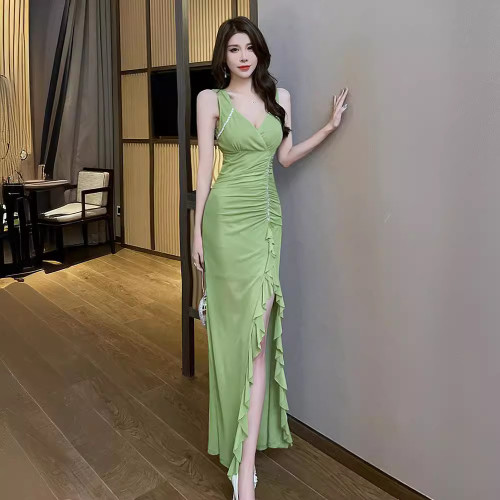 顯瘦性感長裙開叉魚尾連衣裙夜店KTV新款性感夜總會晚裝低胸女裝