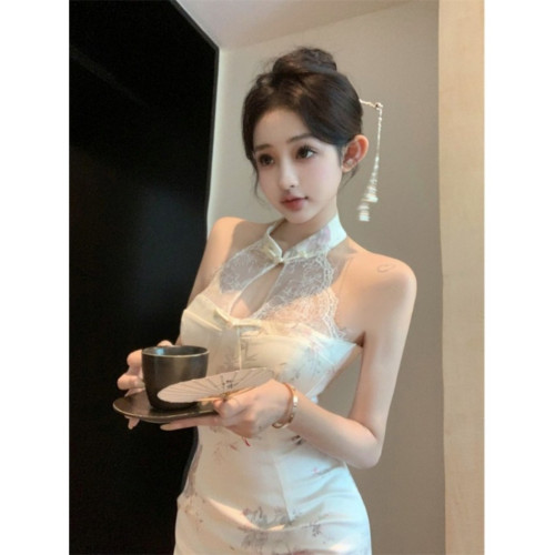 新中式國風旗袍改良年輕款少女性感辣妹蕾絲修身包臀掛脖連衣裙夏