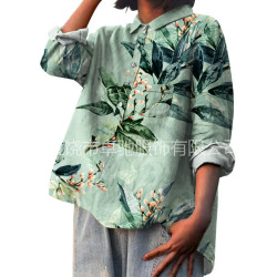 2025新款歐美春季新品長袖襯衫開衫彈力印花夏威夷風女士襯衫