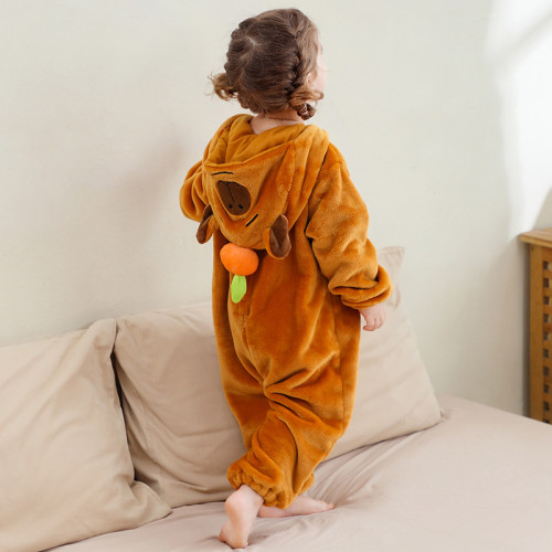 新款兒童卡通卡皮巴拉家居服A類嬰幼童法蘭絨連體衣兒童爬服