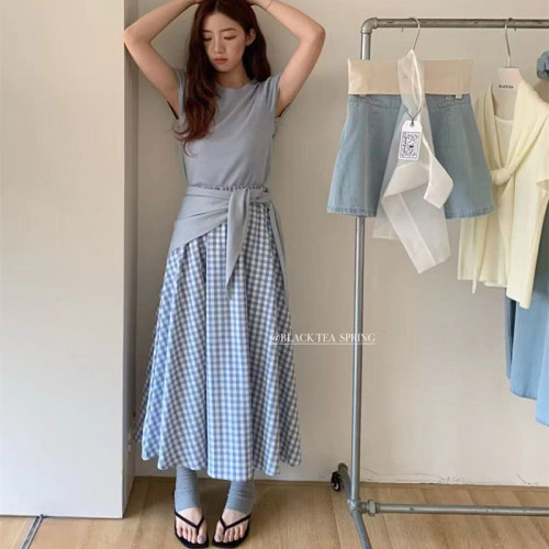 格子裙夏季薄款女2025款夏季中長款小個子高腰顯瘦a字半身裙