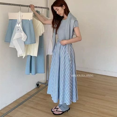 格子裙夏季薄款女2025款夏季中長款小個子高腰顯瘦a字半身裙
