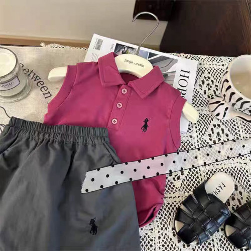 女童夏季套裝2025新款洋氣女寶寶短袖翻領上衣半身裙兒童兩件套