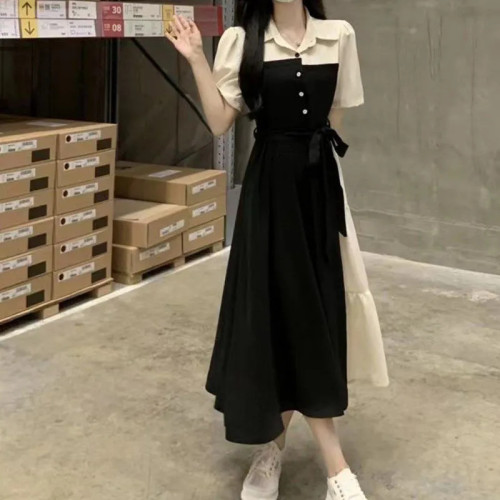 大碼撞色拼接假兩件襯衫連衣裙女夏季新款胖MM收腰顯瘦赫本風長裙