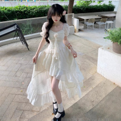 設計感仙女木耳邊方領連衣裙女2025夏季公主風收腰蓬蓬蛋糕裙子潮