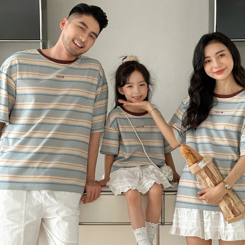 ins撞色條紋短袖T恤親子裝2025新款夏季流行百搭圓領母女母子裝潮