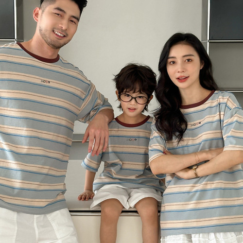 ins撞色條紋短袖T恤親子裝2025新款夏季流行百搭圓領母女母子裝潮