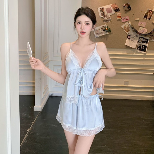 性感睡衣女夏季法式少女系帶短褲兩件套冰絲純欲誘惑吊帶薄款套裝