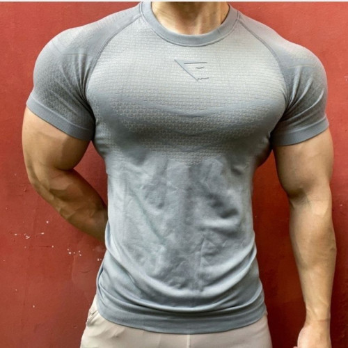 美式顯肌肉運動圓領短袖健身上衣服訓練緊身夏速乾彈力修身男T恤