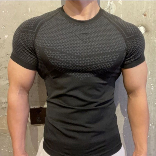 美式顯肌肉運動圓領短袖健身上衣服訓練緊身夏速乾彈力修身男T恤