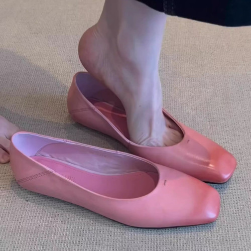 【】粉色單鞋女春夏新款2.5CM牛皮方頭淺口小皮鞋韓系舒適