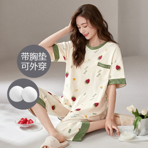 睡衣女士夏季純棉短袖七分褲帶胸墊家居服夏天薄款休閒套裝