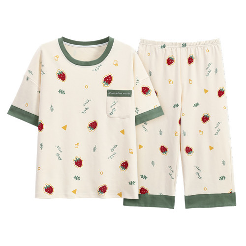 睡衣女士夏季純棉短袖七分褲帶胸墊家居服夏天薄款休閒套裝