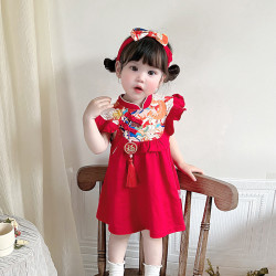 2025夏季新款女寶寶周嵗宴禮服女童唐裝連衣裙5265風套裝嬰兒