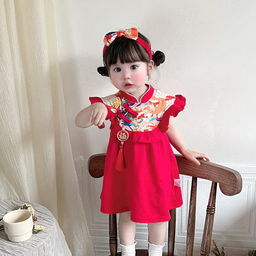 2025夏季新款女寶寶周嵗宴禮服女童唐裝連衣裙5265風套裝嬰兒