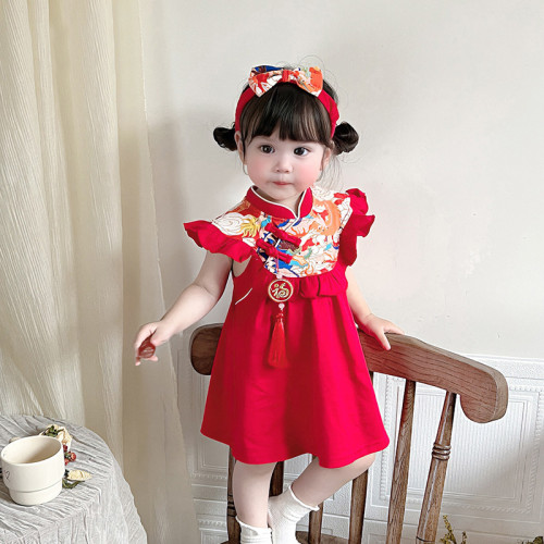 2025夏季新款女寶寶周嵗宴禮服女童唐裝連衣裙5265風套裝嬰兒