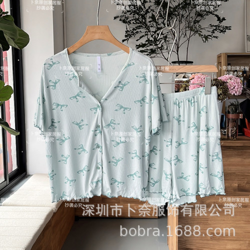 25夏季原創新款蝴蝶結印花睡衣女V領開衫短袖短褲家居服可外穿