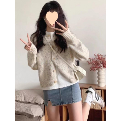 秋冬新款圓領花點羊毛開衫寬松顯瘦設計感小香風短款毛衣女外套潮