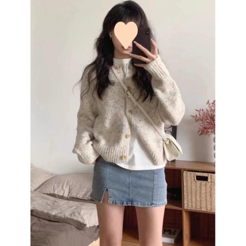 秋冬新款圓領花點羊毛開衫寬松顯瘦設計感小香風短款毛衣女外套潮