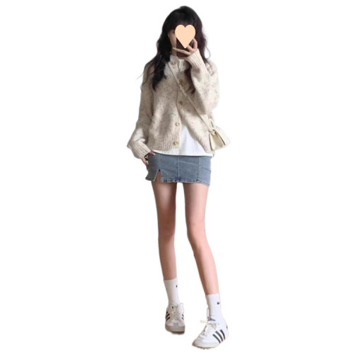 秋冬新款圓領花點羊毛開衫寬松顯瘦設計感小香風短款毛衣女外套潮