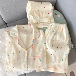 卡通波點睡衣女款夏季純棉紗布短袖三件套裝可愛開衫休閒家居服薄