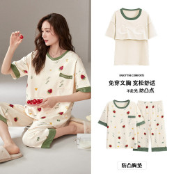 睡衣女士夏季純棉短袖七分褲帶胸墊家居服夏天薄款休閒套裝