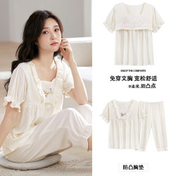 雲朵棉短袖七分褲睡衣女夏季甜美公主風帶胸墊家居服女款休閒睡衣